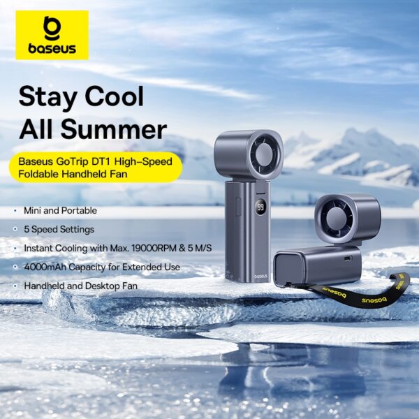 Baseus GoTrip DT1 High-Speed Foldable Handheld Fan Mini and Portable 5 Speeds 4000mAh Capacity...